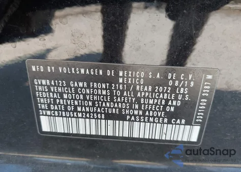 2019 Volkswagen Jetta 1.4T R-Line/1.4T S/1.4T Se из США, поврежденный, VIN 3VWCB7BU5KM242568